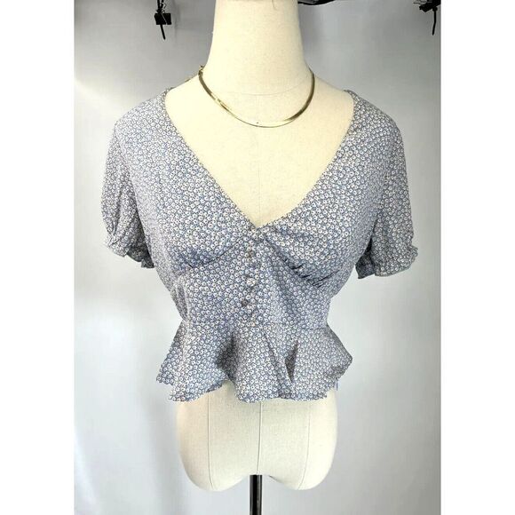 Princess Polly Blue Floral Crop Top Size 4 Small Puff Sleeve Button Peplum Jamia - Picture 2 of 12
